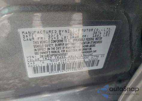 2019 Nissan Sentra S из США, поврежденный, VIN 3N1AB7AP6KY456583